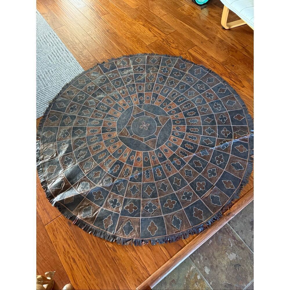 Vintage African Leather Patchwork Round Rug 64” Tribal Boho Decor